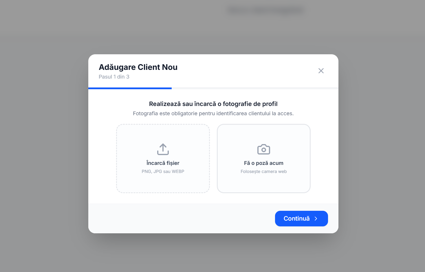 Add New Client — Step 1 (Profile Photo / WebCam)
